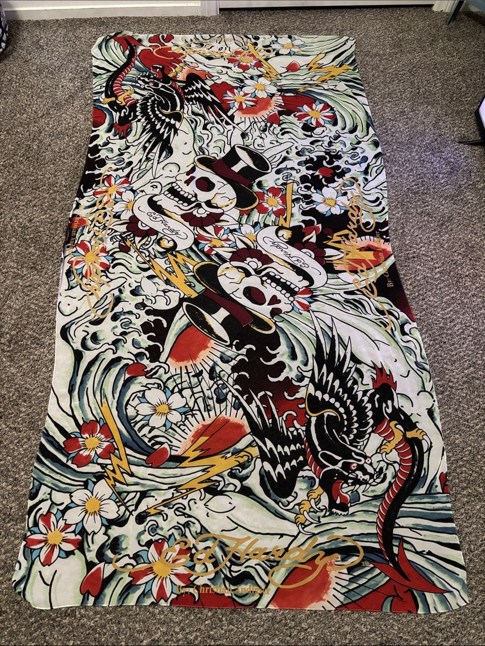 Ed Hardy Christian Audigier vintage large scarf skull hearts Y2K flowers unisex